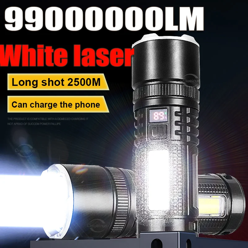 

2024 New White Laser 99000000LM Flashlight Built-in Battery Rechargeable Torch Waterproof Outdoor Light Camping Lantern