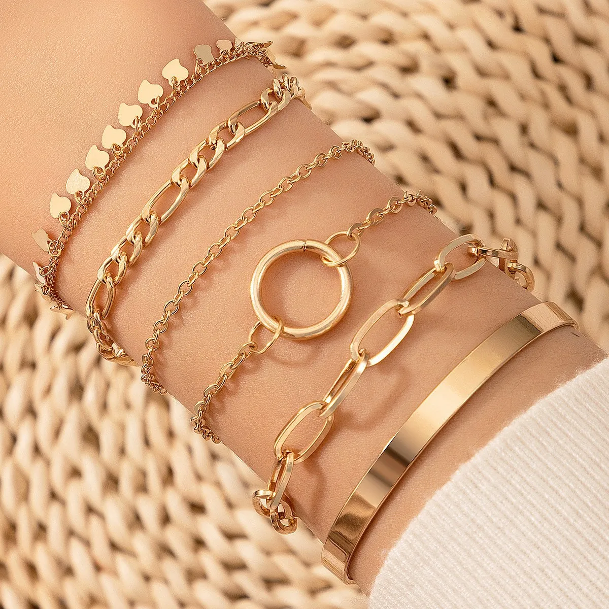 Boho Gold Color Link Chain Bracelet Set For Women Geometric Round Circle Tassel Charm Open Bangle Female Jewelry