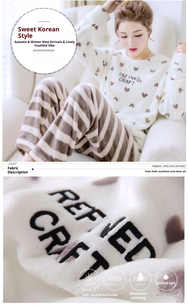 Verdickte warme Flanell Herbst und Winter Pyjamas Loungewear weibliche süße Cartoon Nachtwäsche Homewear Korallen Samt Nachtwäsche – Detail 3