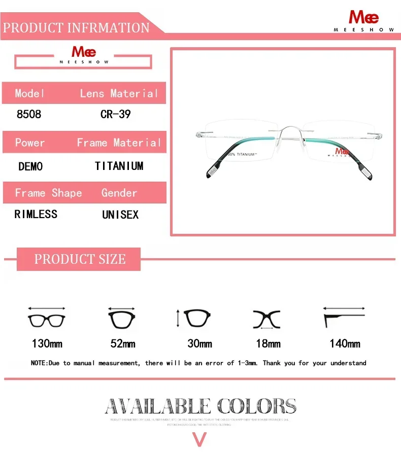 MEESHOW Prescription Men Titanium Rimless Glasses Frame Women Square Ultralight Pure Titanium Myopia Optical Frames 7g  Eyewear - view 6