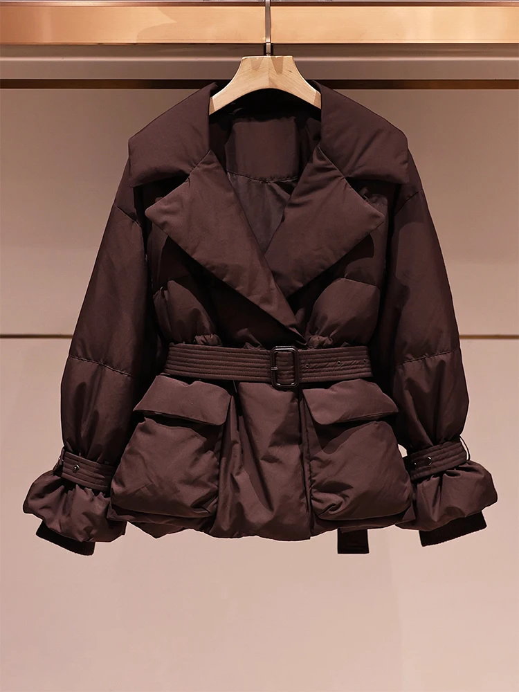 

Winter Thickened Warmth down Cotton Jacket Belted Slimming Outerwear Retro Style Coffee Color Full Set Commute Korean Version