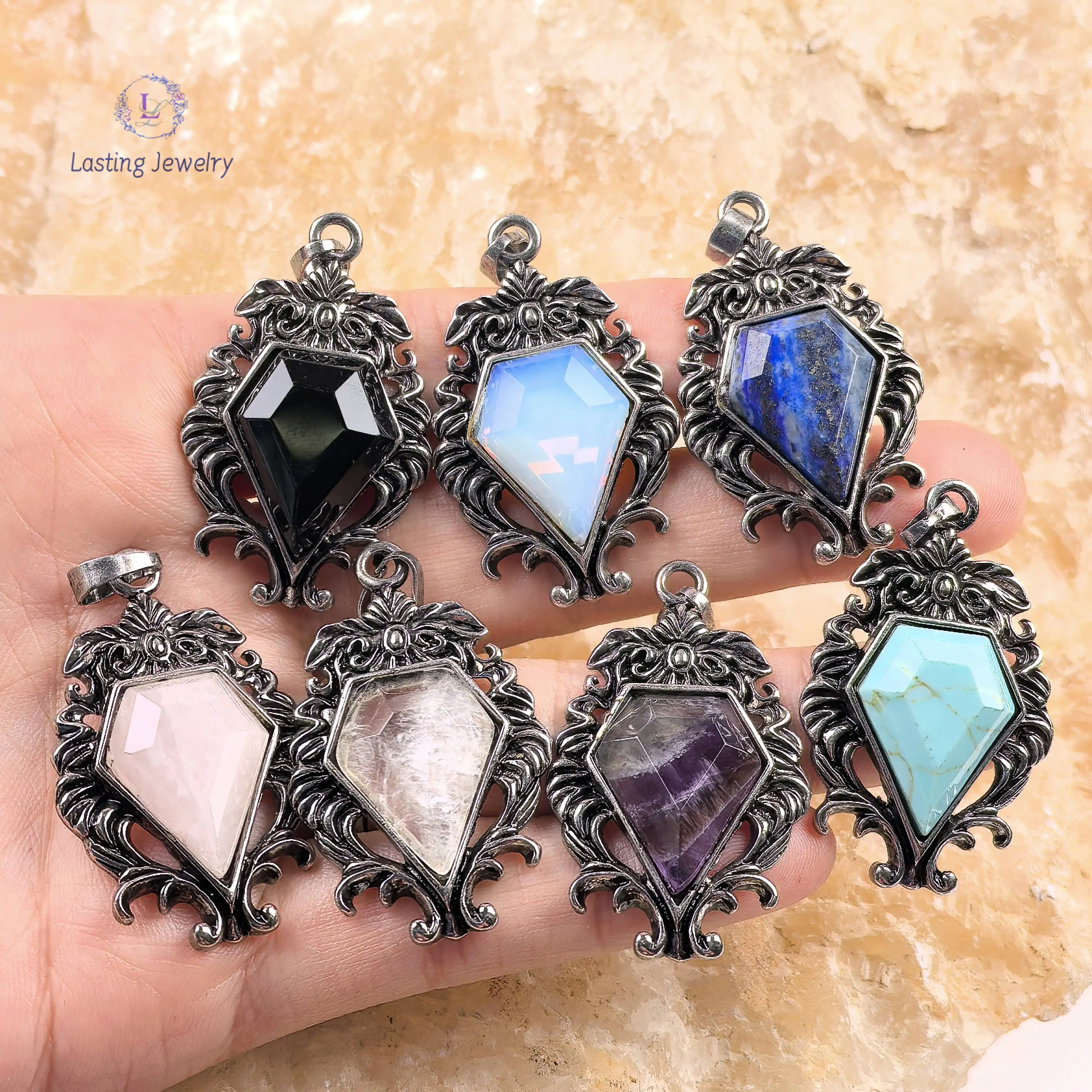 

Medieval Style Antique Silver Mirror Pendants,Faceted Geometric Gemstone Quartz Lapis Amethyst Charms Necklace Jewelry Making