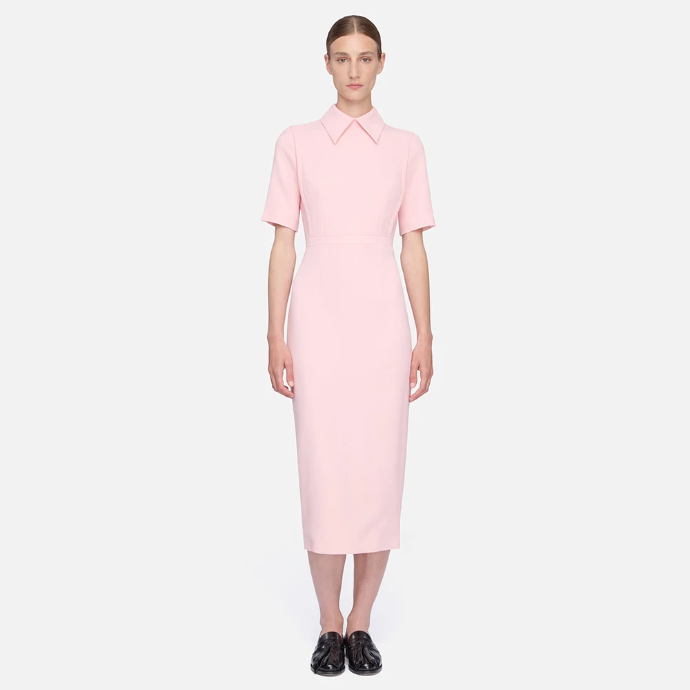 Customized Pink Cocktail Dress Short Sleeves Point Collar Modern Party Gowns Midi Tea Length Simple Women's Formal Dresses 2026