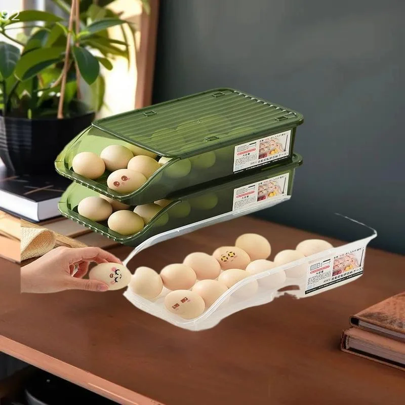 حامل أرفف صندوق البيض المتداول الأوتوماتيكي للثلاجة صندوق حفظ الطعام الطازج وحاويات تخزين سلة البيض ومنظمات المطبخ