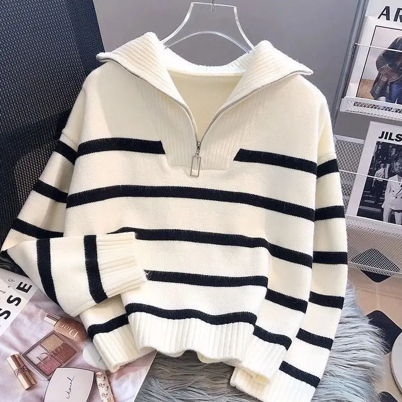 Ladies' Zipper Stripe Knitwear Loose Bot Base Layer Top Spring Season Versatile Outerwear Casual Sle Long Sve Sweater