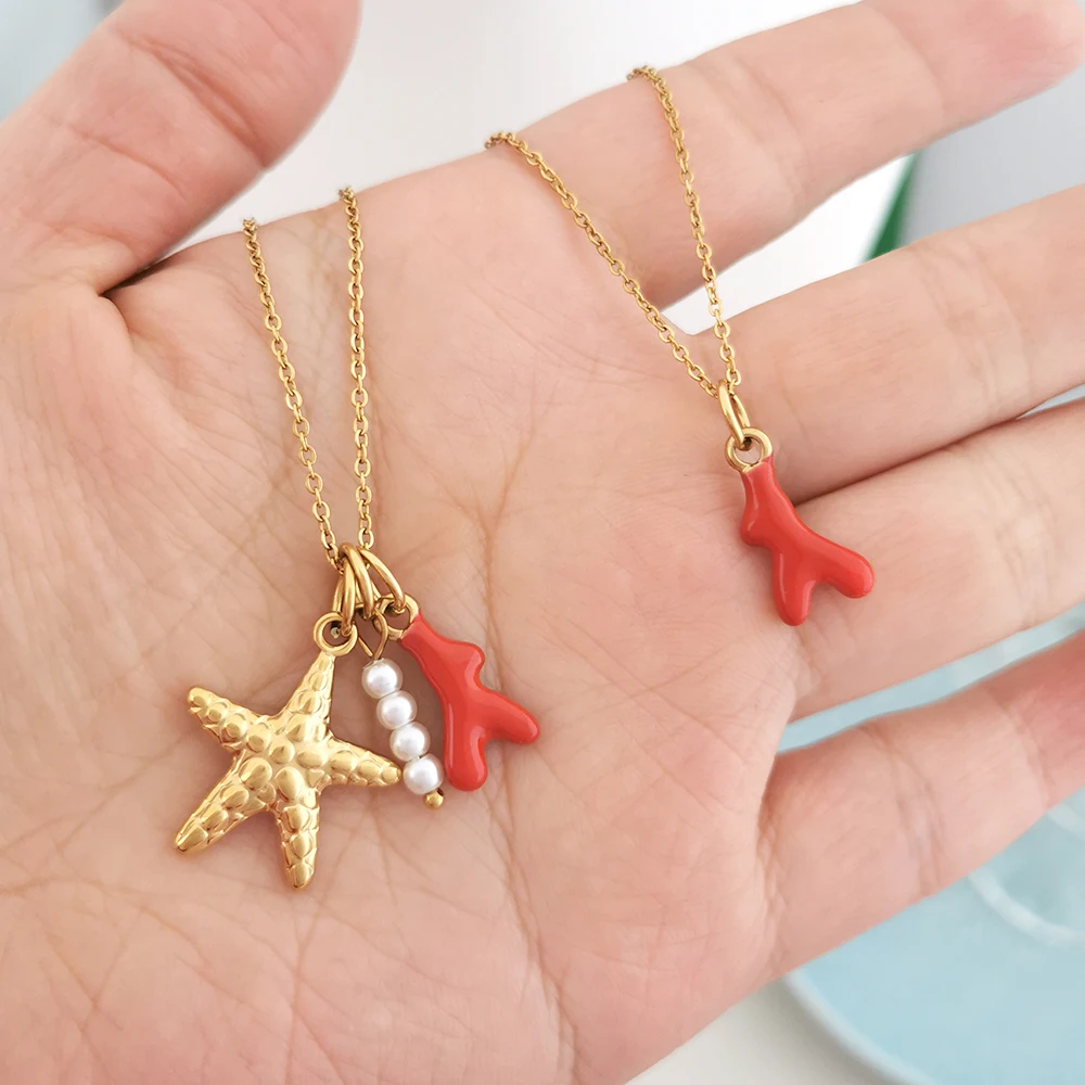 QMHJE Women Necklace Stainless Steel Ocean Seastar Fish Shell Pearl Coral Multiple Pendants Slim Choker Gold Color Wholesale