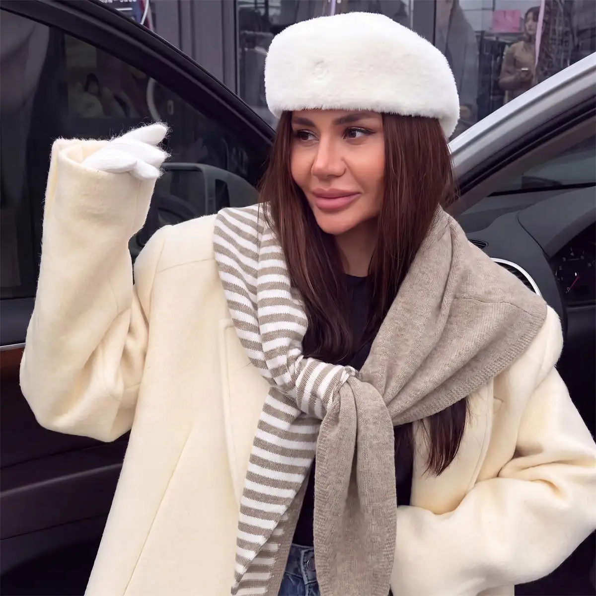 Women Striped Patchwork Knit Triangle Scarf Winter Thick Warm Wrap Shawl Elegant Neck Scarves for Daily Street Outfit and Gifts
