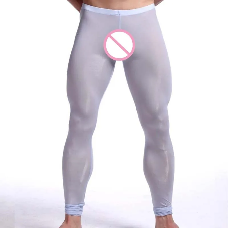 New Men\'s Sexy Nylon Transparent Long Johns Homme Lce Silk Sheer Leggings Bottoms Gay Spandex Lounge Tights Underwear Homewear