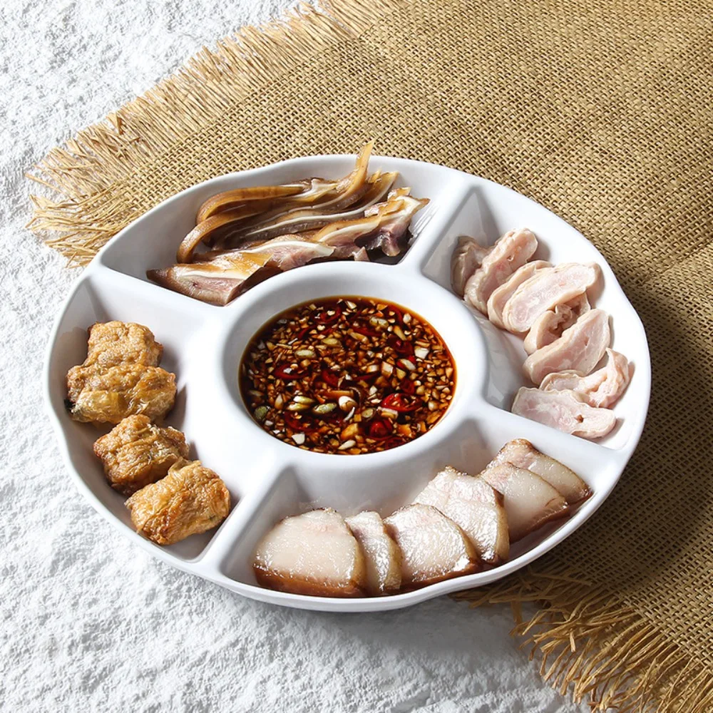 

Melamine Food Serving Tray Divided Imitation Porcelain Appetizer Plates Drop-proof White Snack Serving Platter Fruit