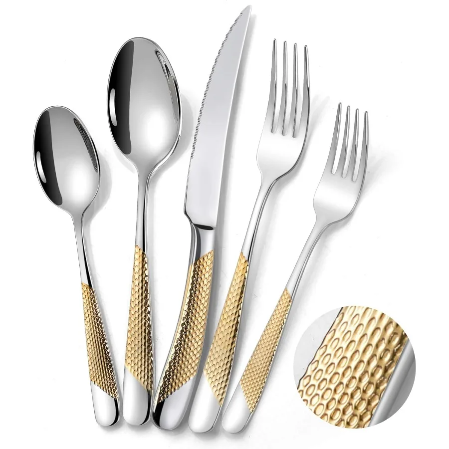 

40Piece Hammered Silver Gold Silverware Set for 8 with Serrated Forging Knives18 10 Stainless Steel Modern Flatware Set Unique