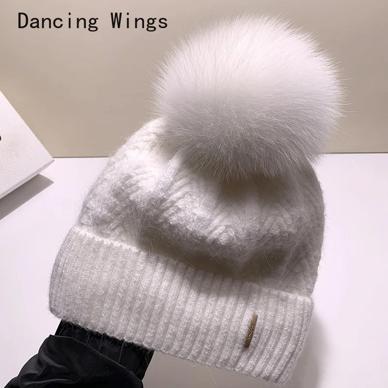 

Winter fox Fur Pompom Hats angola Beanie Women Studded Knitted Wool Hats Outdoor Thick Warm Hat Casual Fashion Cap