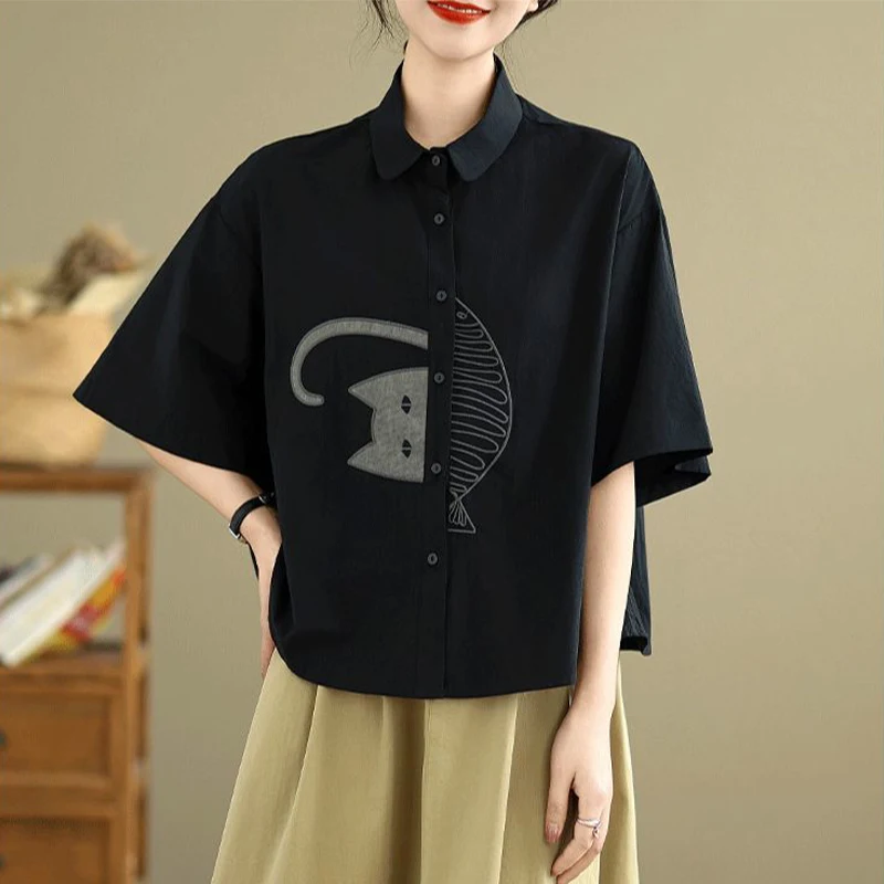 

Summer Casual Korean Fashion Loose Buttons Single Breasted Half Sleeve Youth Lively Bright Easy Close to the People Wild Popular