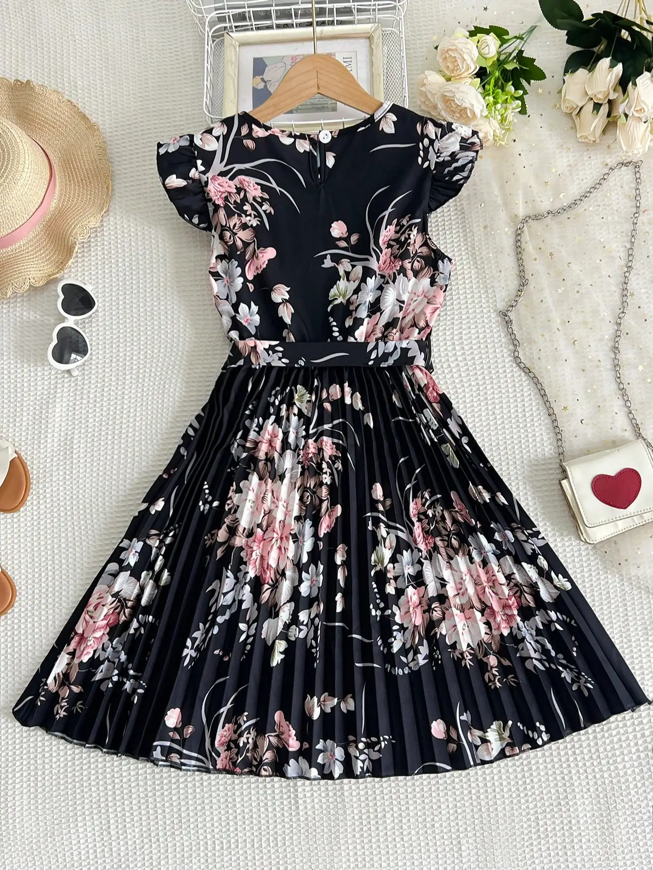 

Retro Floral Pleated Midi Dress With Belt, Elegant A-Line Women's Dress