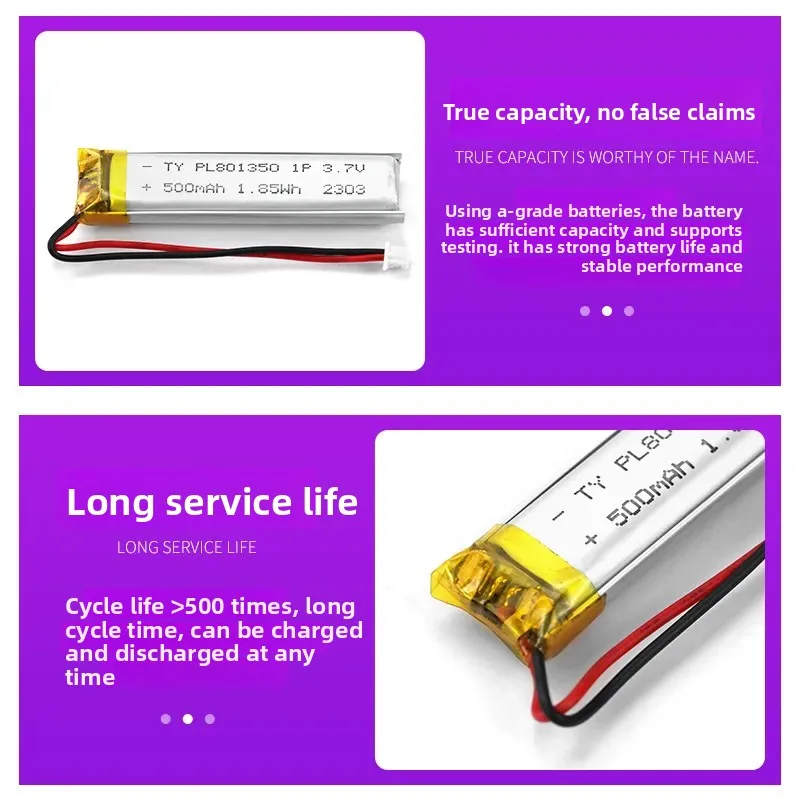801350 Polymer Lithium Battery 3.7V 500mAh for Wireless Mouse Recorder Point Reading Pen Ternary Li-ion Rechargeable Cell