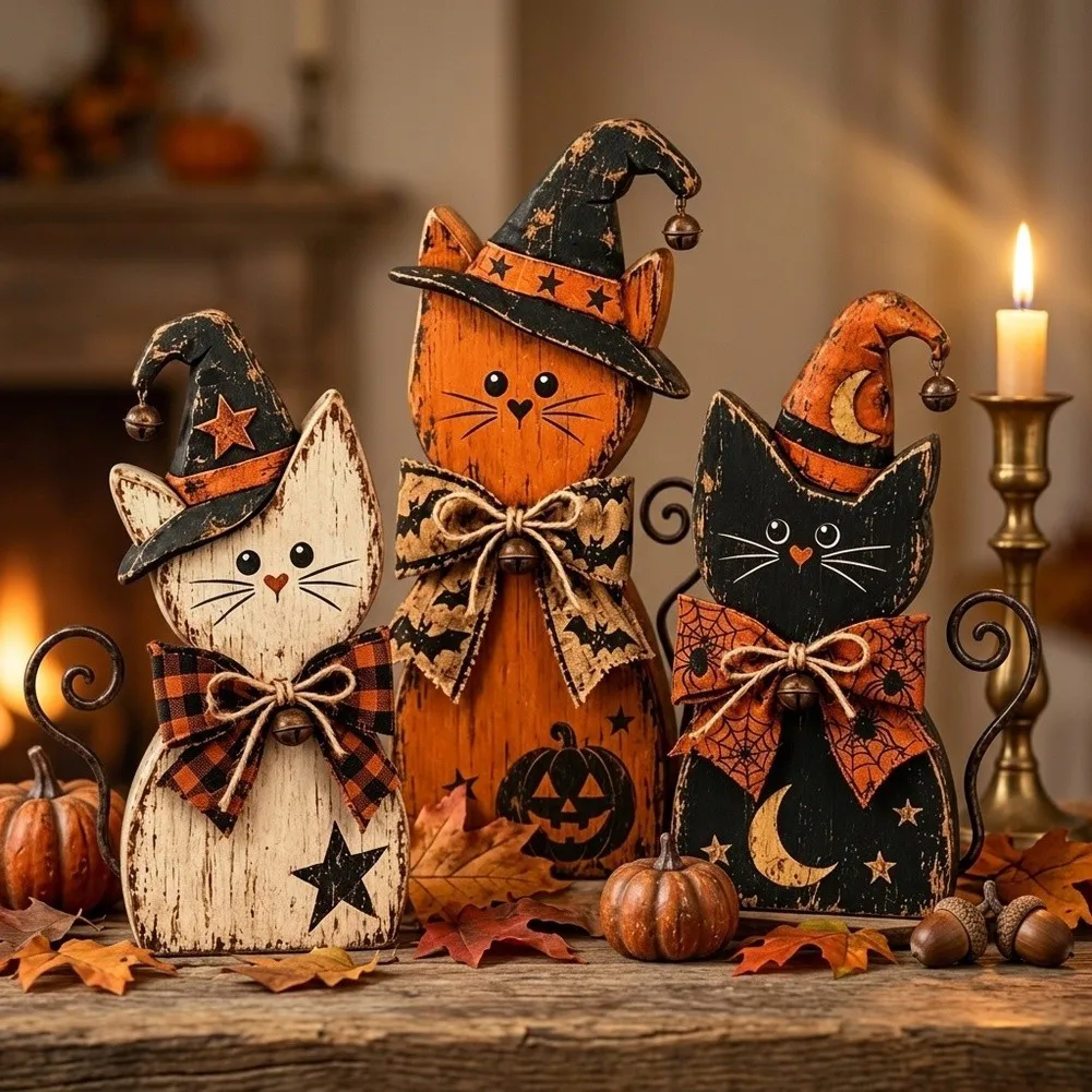 Farmhouse Halloween Statue Rustic Gothic Decor Set For Autumn Gatherings Triplet Piece Set Seasonal Theme Handcrafted Look