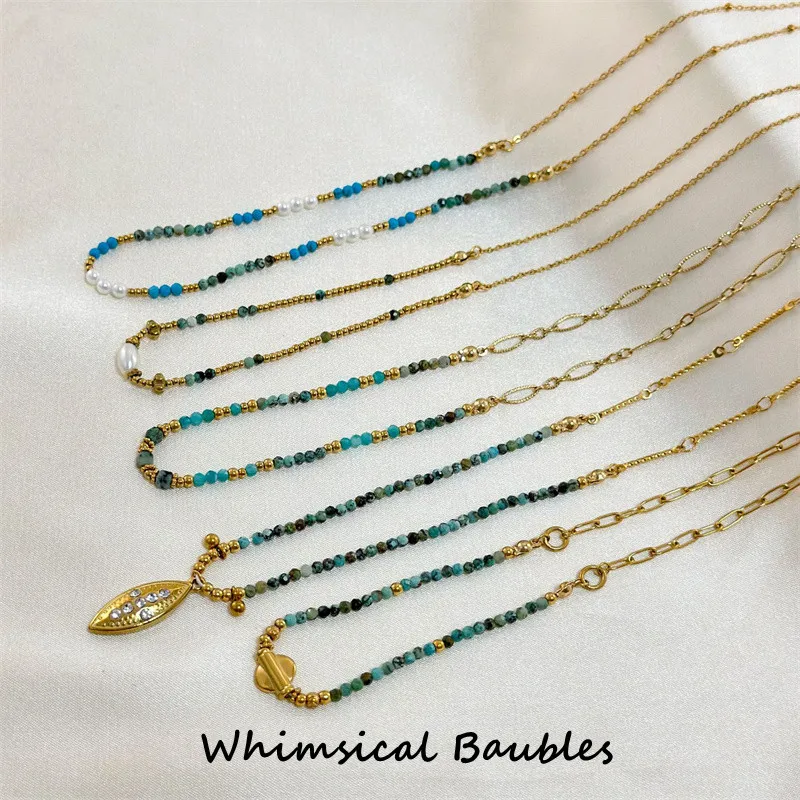 

Newest Retro 3mm African Turquoise Gemstone Beads 18K Gold Plated Stainless Steel Bohemian Style 18k Gold Necklace for Women