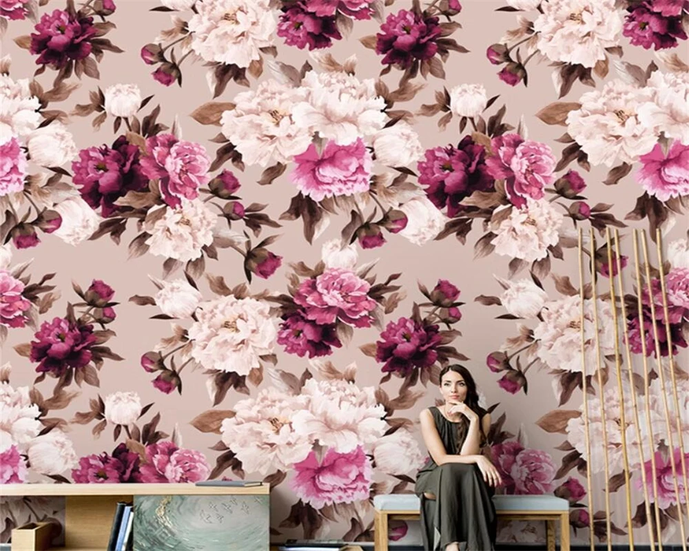 beibehang Customized American hand-painted TV background, peony flower beauty salon, high-end background wallpaper