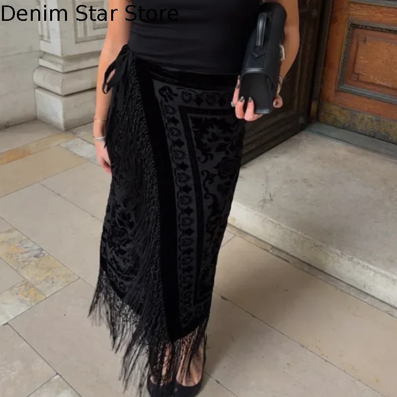 

Elegant Tassel Edge Velvet Skirt Women Vintage Flower Printed Mid Waist Half Dress 2026 NEW Spring Fashion Chic Lady Skirts