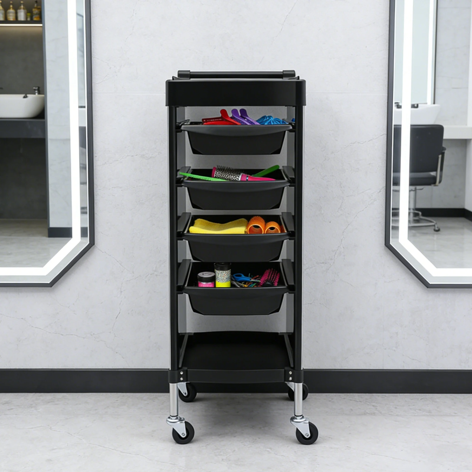 

6-Tier Salon Trolley Cart w/ Hair Dryer Holder+Drawer 4 Wheels Beauty Storage Organizer Hairdressing Shelf Barber Shop Home Use