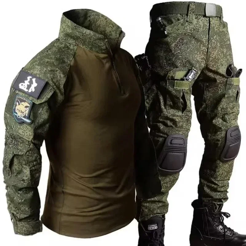 Camouflage Mens Combat Set Autumn Outdoors Hunting Suits Breathable Long Sleeve Tactics Tops+Multi Pocket Cargo Pants 2-pcs