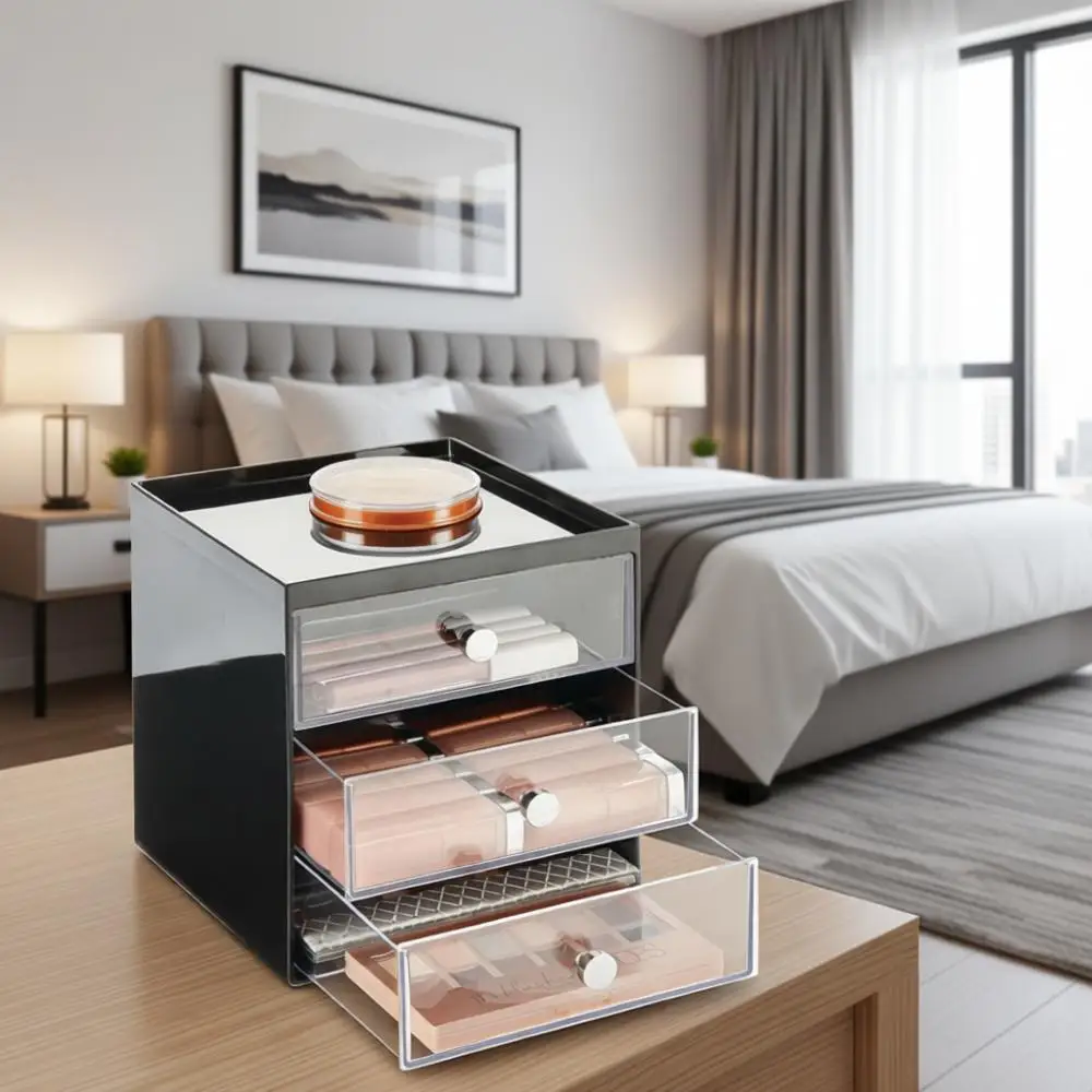 

Compact Makeup Storage Cube Organizer for Lip Gloss, Eyeshadow Palettes, Brushes, Blush, Mascara - Black/Clear