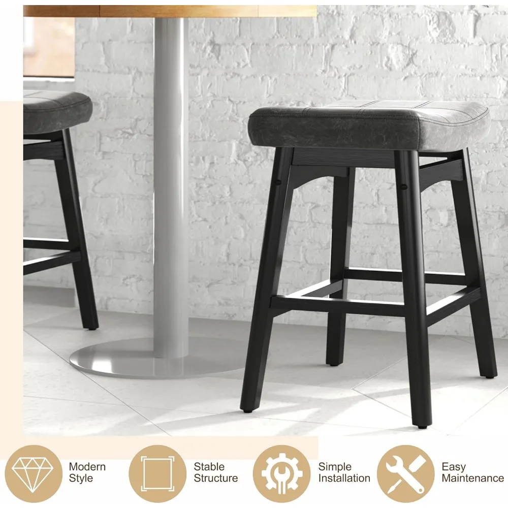 Farmhouse Barstools com assento estofado, Counter Altura Bar fezes, pernas de madeira maciça, Conjunto de 4