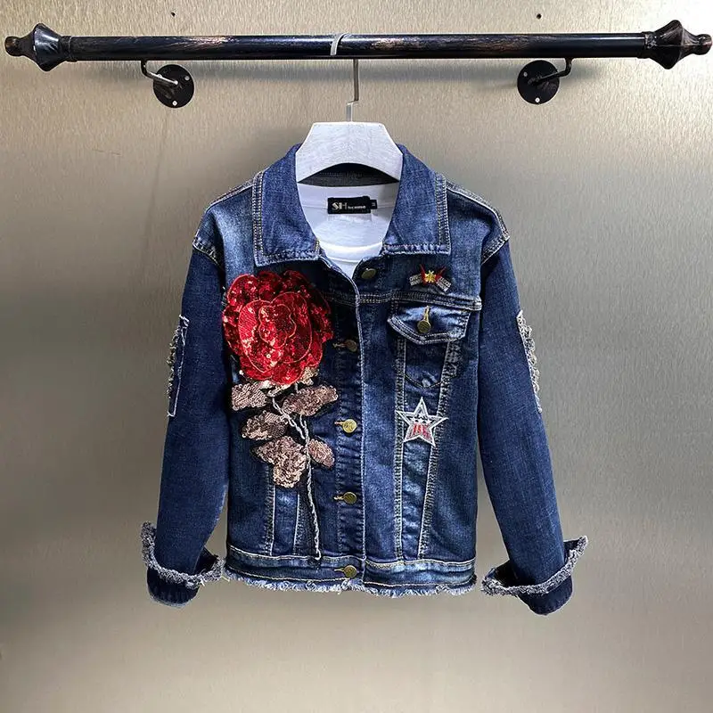 

Trendy autumn new heavy industry diamond studded rose denim jacket for women slim fit and versatile fashion short jacket