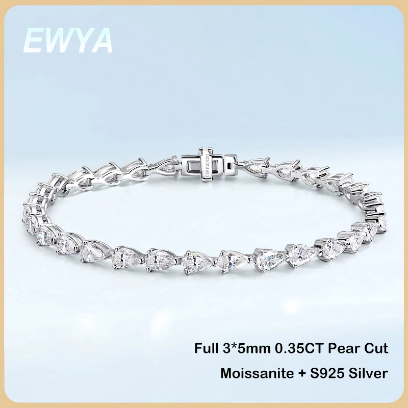 EWYA Full 3*5mm 0.35CT Pear Cut D Color Moissanite Tennis Bracelet for Women Men 925 Silver Waterdrop Diamond Link Bracelets