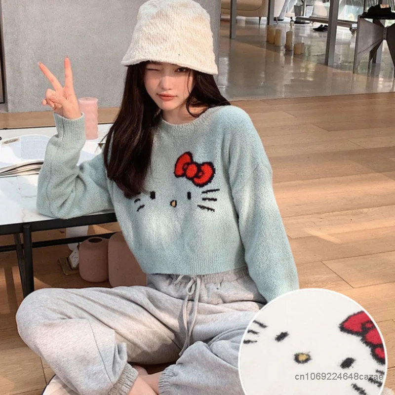 Sanrio Hello Kitty Spring Autumn Short Sweaters Y2k Clothes Cartoon Cute Knitwear Women Korean Japanese Style Fashion Crop Tops