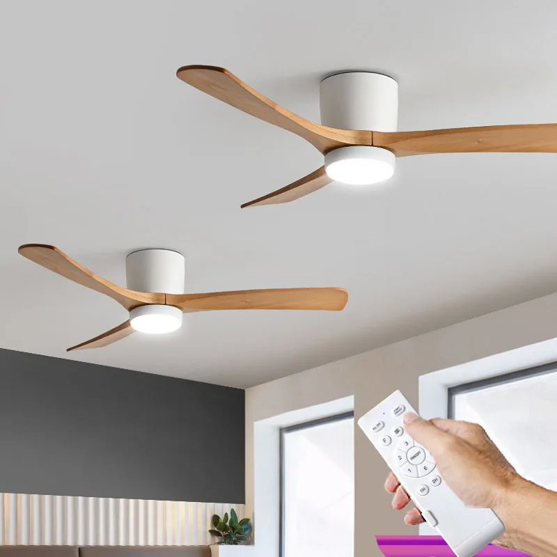 48 52inch Nordic Solid Wood Ceiling Fan Modern Minimalist Restaurant Living Room Bedroom Household Fan with LED Lamp Ventilation