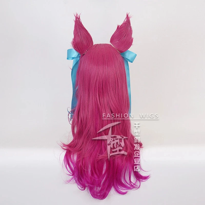 Game LOL Spirit Blossom Ahri Cosplay Wig With Ears Long Curly Wavy Heat Resistant Synthetic Hair Anime Wigs + WigCap + Headwear