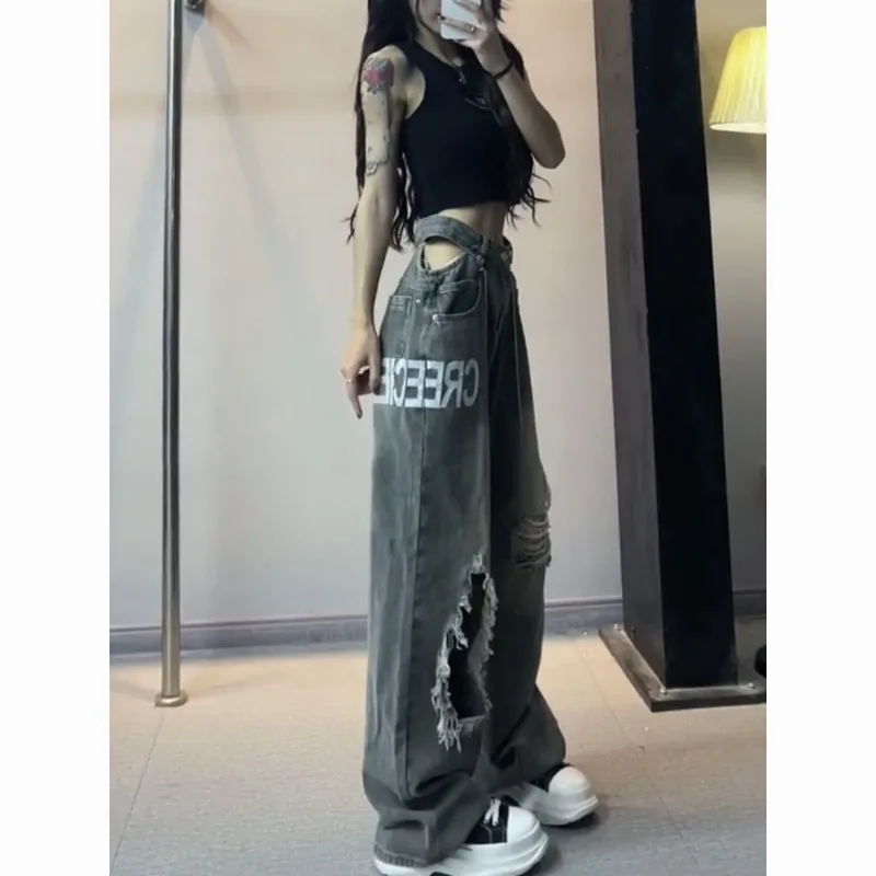 Women's Jeans High Waisted Hollow Out Holes Printed Straight Tube Jeans High Street Hip-Hop Floor Dragging Pants Lady's Clothing