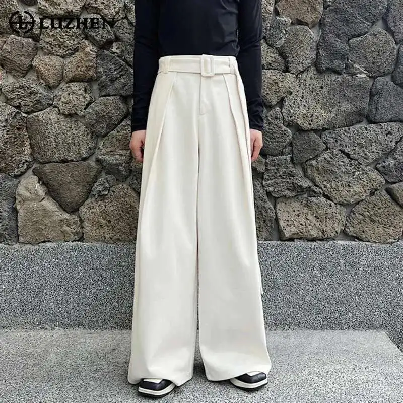 

LUZHEN Design 2025 Spring New Fashion Belt Decorate Wide Leg Pants Solid Color Men's Loose Trendy Elegant Street Trousers LZ8824