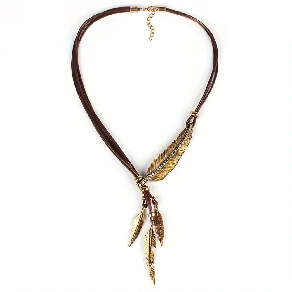 Vintage Metal Feather Design Pendant Necklace Bohemian Vocation Style Alloy Jewelry Creative Holiday Necklace