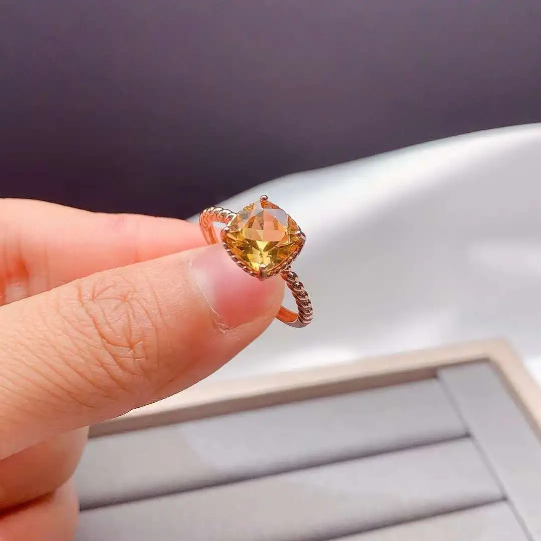 Natural Citrine  925 Silver Square Ring Mini Facet Yellow Gemstone With 18K Gold Plated Silver Adjustable jewelry Gift