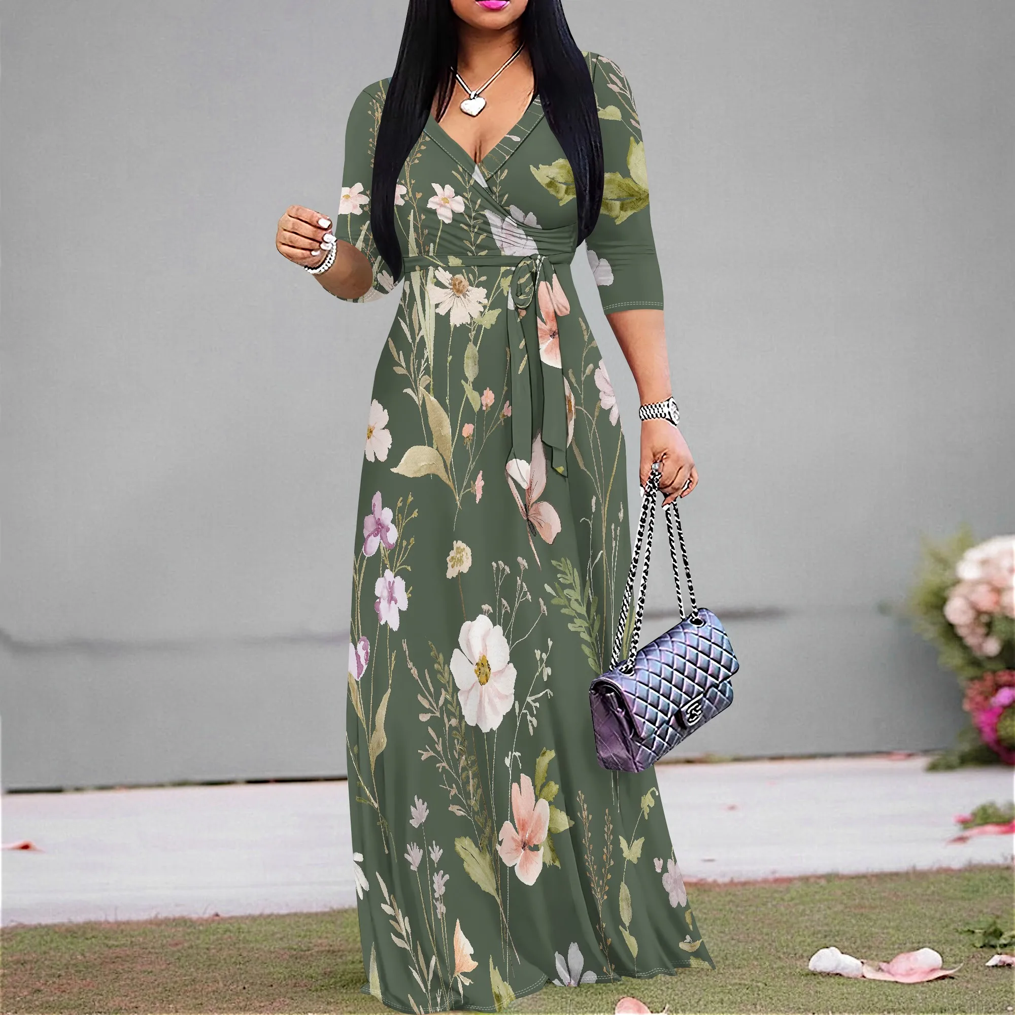 

Olive Green Floral Maxi Dress for Women V-Neck Elegant Spring Brunch or Church Look 2025 New Arrival