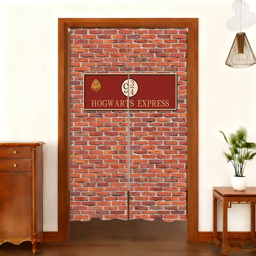 Harryy Potters 9/4-Zug-Plattform, Backsteinmauer, Fotografie-Hintergrund, magische Schultür, hängendes Banner, halber Vorhang, Baby-Portrait