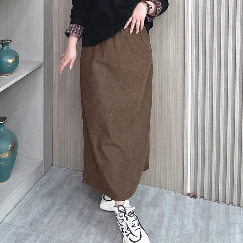 Fall New Plus Size Women Skirt Corduroy Elastic High Waist Package Hip Straight Split Female Long Skirt 88073