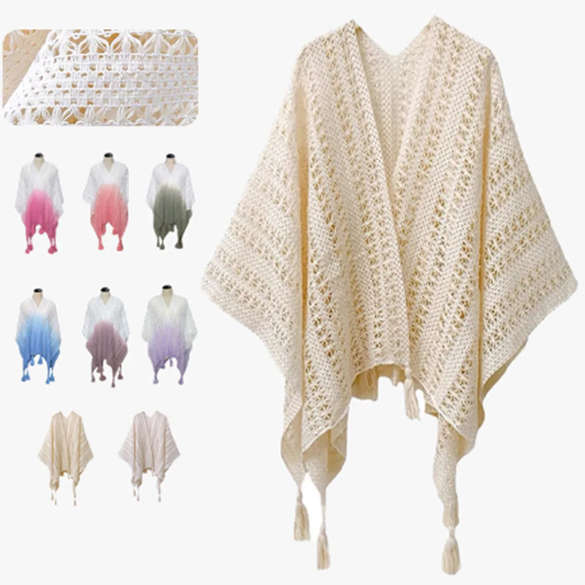 

Ombre Spring Summer Hollow Out Ethnic Shawl Ladies Lightweight Travel Scarf Cape