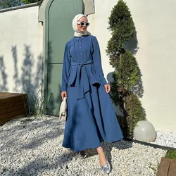 Women Eid Musulman Ensemble Dubai Morocco Single Breasted Button Muslim Sets Blouses Skirts Two Pieces Loose Solid Belt