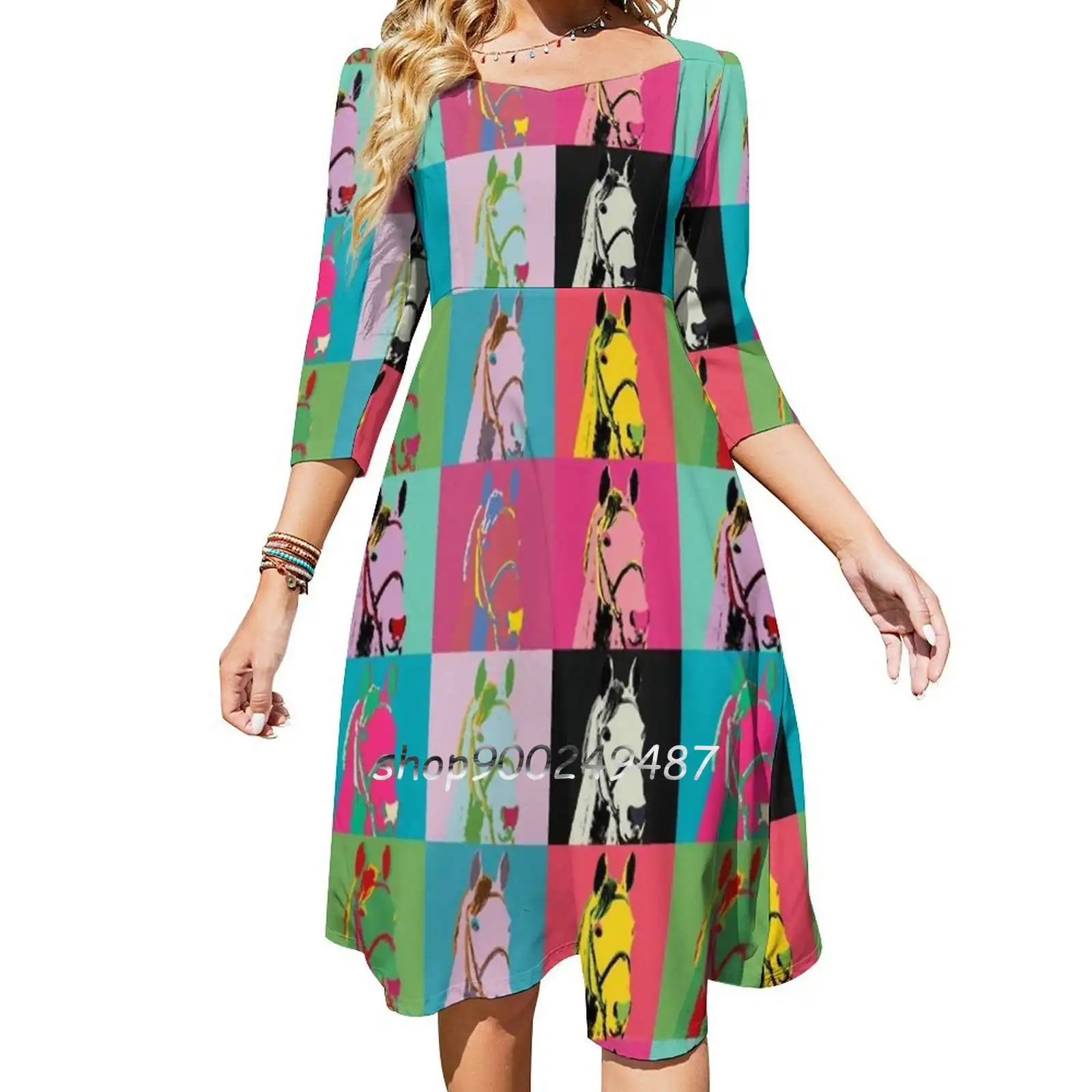 Lady'S Secret Square Neck Dress Sweet Summer Dress Women Elegant Halter Print Dress Easel Goer Racehorses Horse Racing