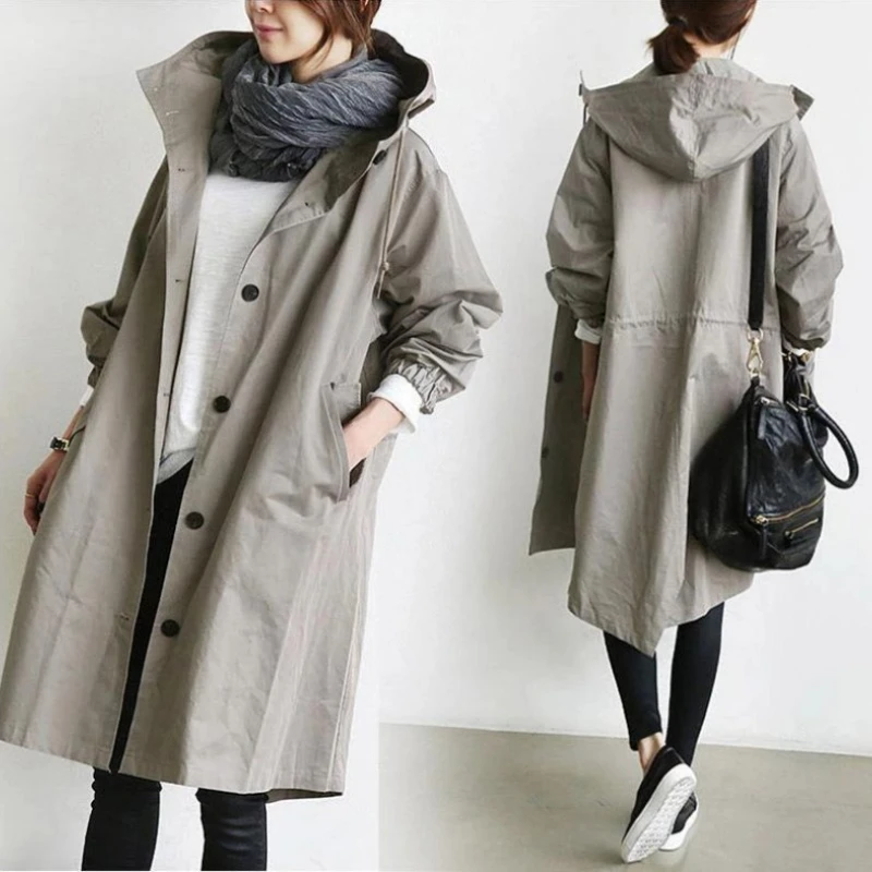 TFETTERS Hooded Trench Coat for Women Autumn Winter 2024 New Korean Fashion Loose Long Trench Jacket Windproof Cuff Waist Coat