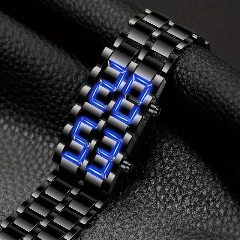 Elegant Men's Digital Watch Set: Blue LED, Metal Sports Design with Calendar, Includes Gift Necklace - Perfect for Active