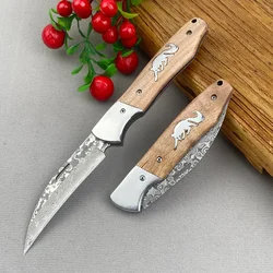 Damascus 67 Layer Stainless Steel Multi purpose Outdoor Kitchen Fruit Folding Knife Fox Pattern Handle Portable Folding Knife