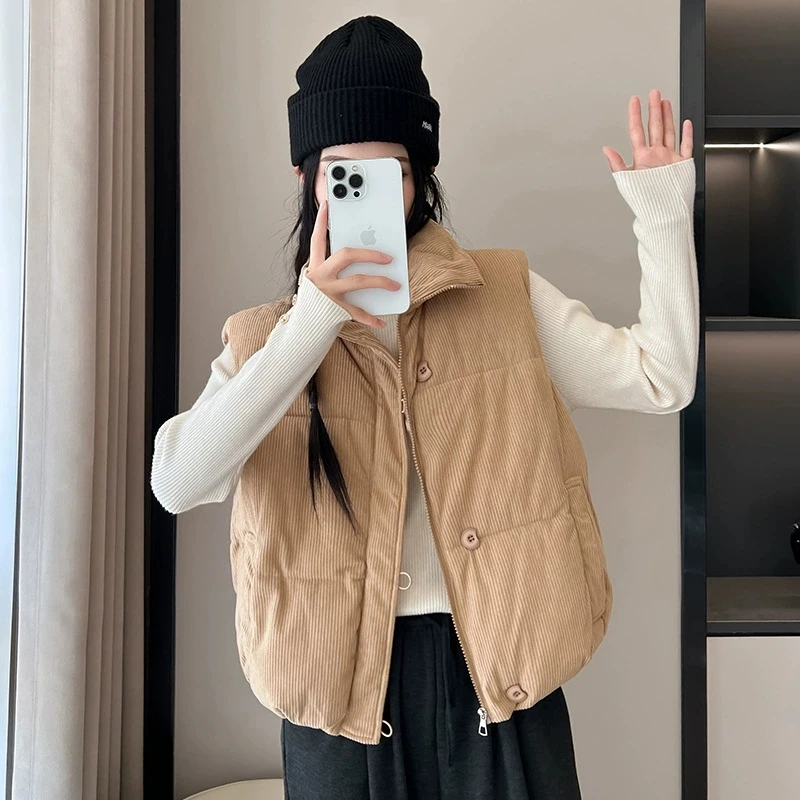 2025 Chaleco suelto de algodón de pana con plumas y cierre de cremallera, chaleco rosa para ir al trabajo para mujer, moda de otoño e invierno para mujer