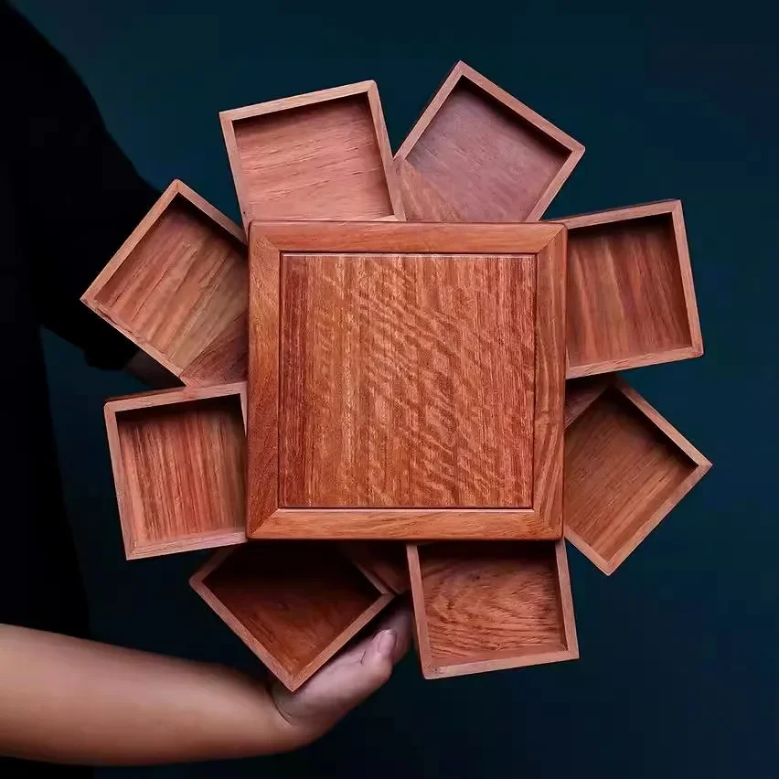 Rotating mahogany Luban organ box, jewelry compartment storage box, mortise and tenon Chinese solid wood jewelry box