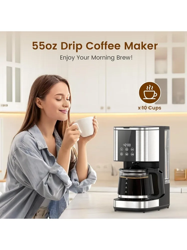 10-Cup Drip Coffee Maker, 24-Hour Programmable Brewer, Touch Screen, Strength Control, Reusable Filter Pot