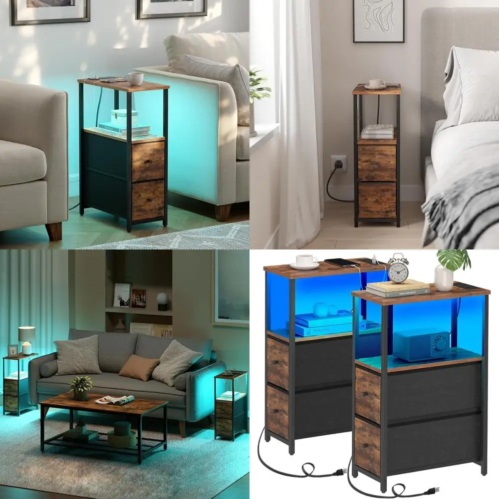 

Пара небольших прикроватных тумбочек с LED-подсветкой и зарядными станциями, 2 выдвижных ящика, подходят для гостиной и спальни, коричневые