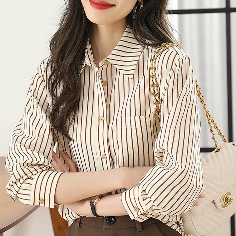 #2526 Striped Shirt Women Long Sleeve Office Womens Tops And Blouses Korean Style Loose Vintage Shirts Female Pockets Spring2024