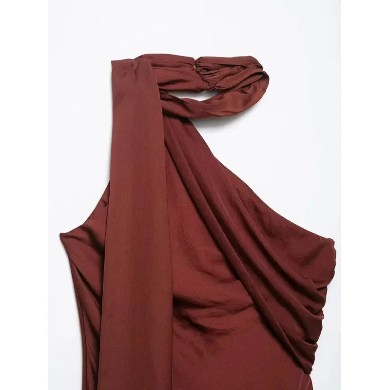 レディースセクシーバックレスサテンドレスシックソリッドカラーマキシリボンディテールサマー2025ファッションイブニングシックエレガント